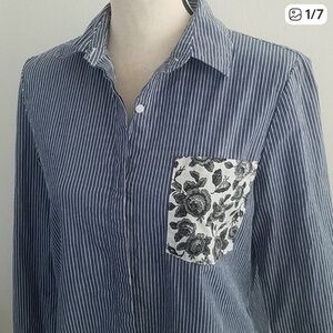 Striped Blue Shirt with Floral Pocket